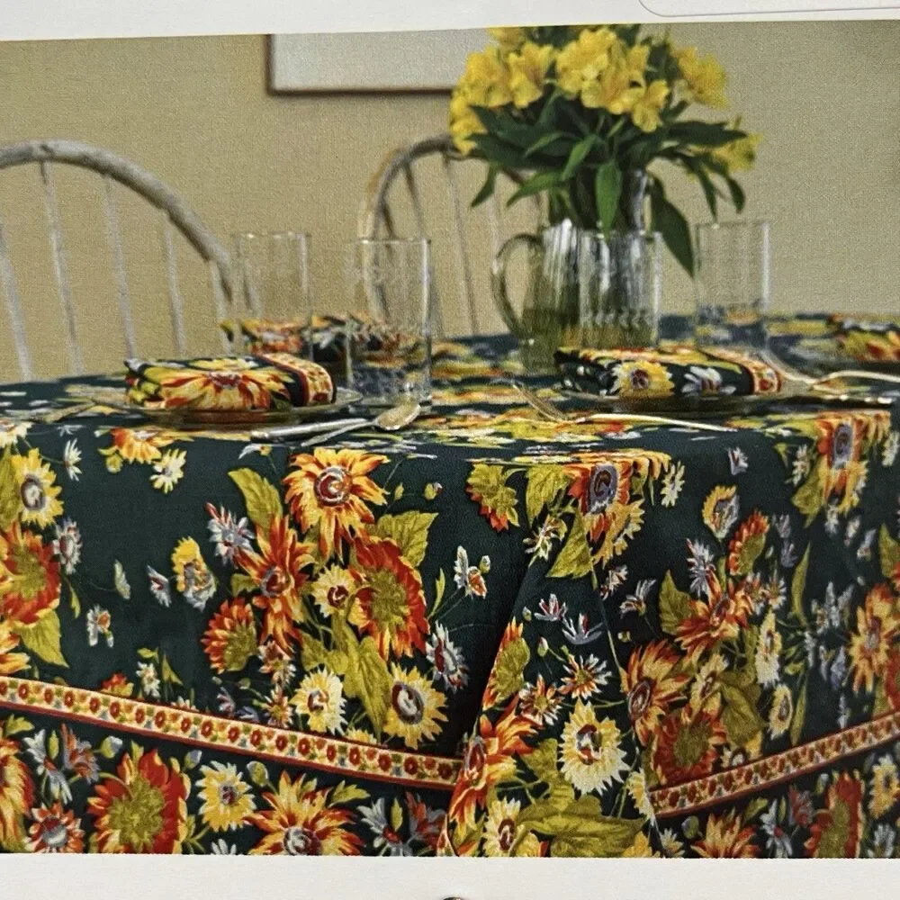 April Cornell Marguerite Floral Tablecloth 60x84 oblong Navy Yellow Cottage New